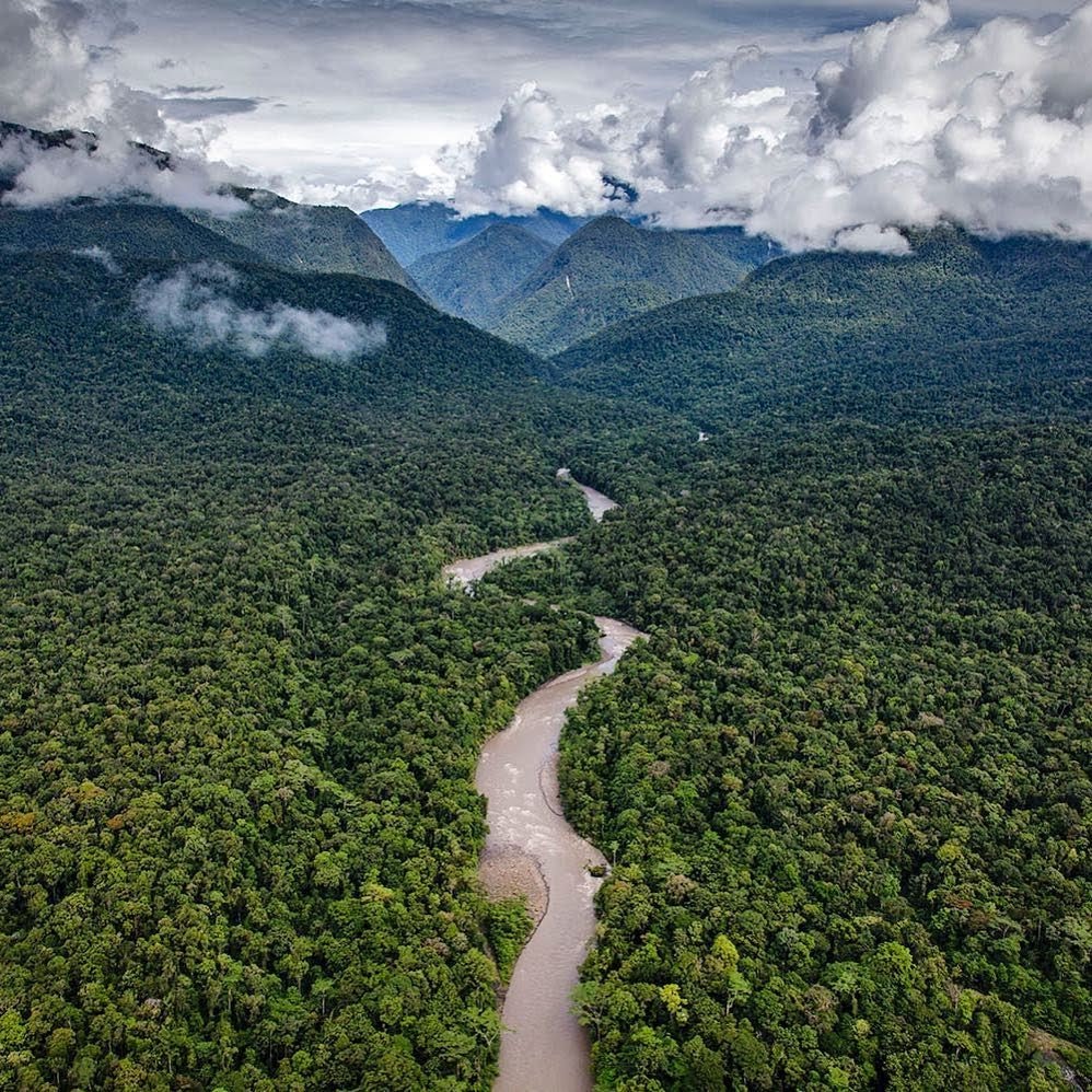 A winding river among rainforest-covered mountains in Papua. Regional landscape context.